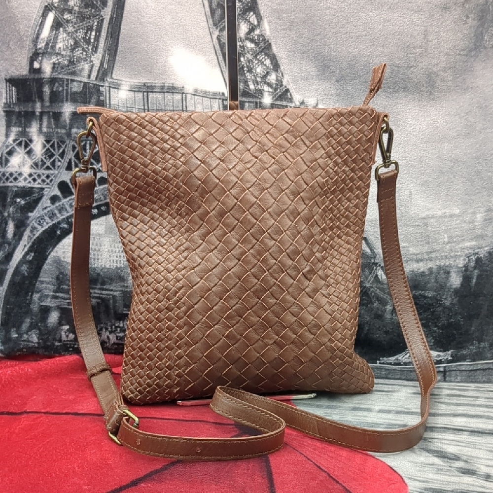 Brown Leather Woven Crossbody